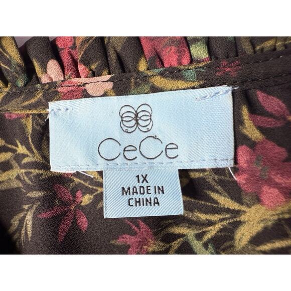 CeCe Button Up Top Womens 1x Dark Floral Romantic Cottagecore Ruffle V-Neck - Picture 3 of 9